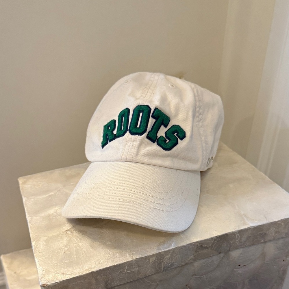 Roots White Cap with Green Embroidery